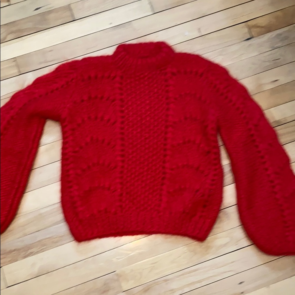 GANNI RED KNIT SWEATER WITH BALLOON SLEEVES